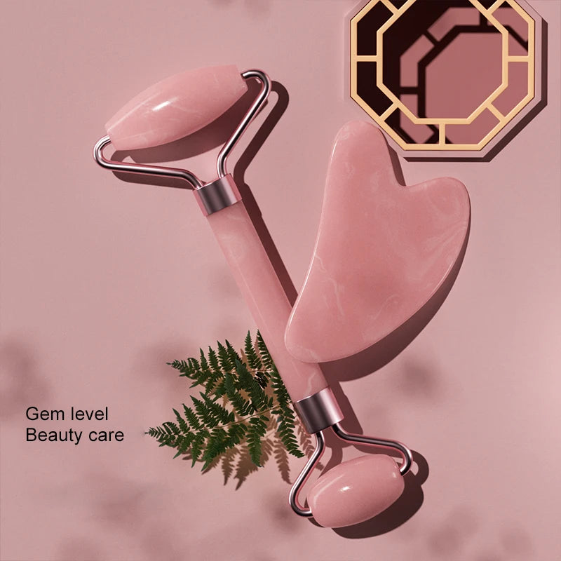 Natural Rose Quartz Facial Roller & Gua Sha - Face Slimming & Lymphatic Drainage