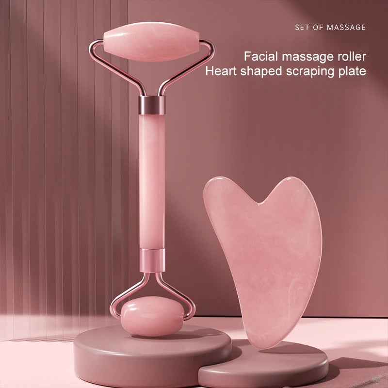 Natural Rose Quartz Facial Roller & Gua Sha - Face Slimming & Lymphatic Drainage