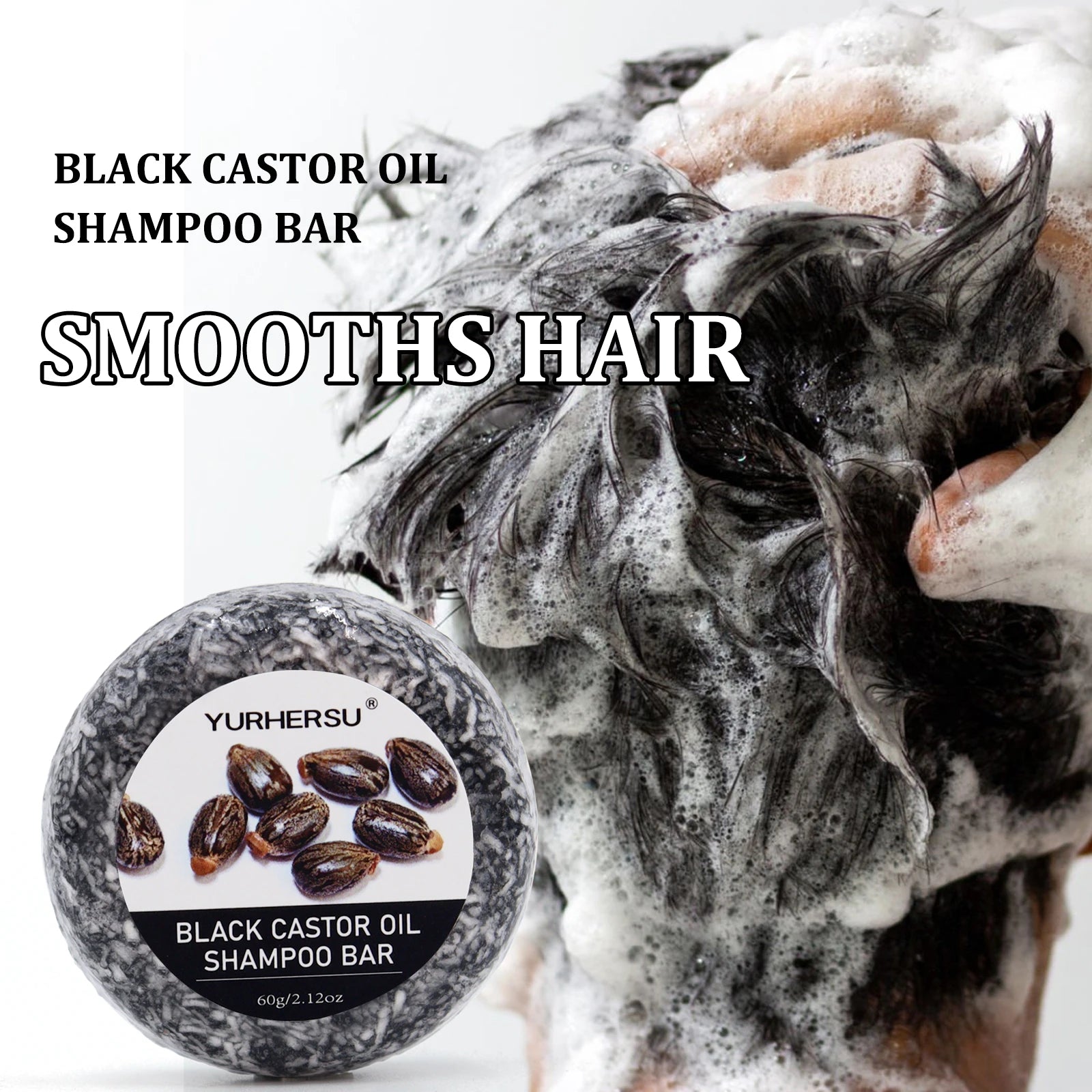 YURHERSU Black Castor Oil Shampoo Bar 2 Pack, 2-in-1 Shampoo and Conditioner Bar with Jojoba & Olive Oil, 2.12 oz Each