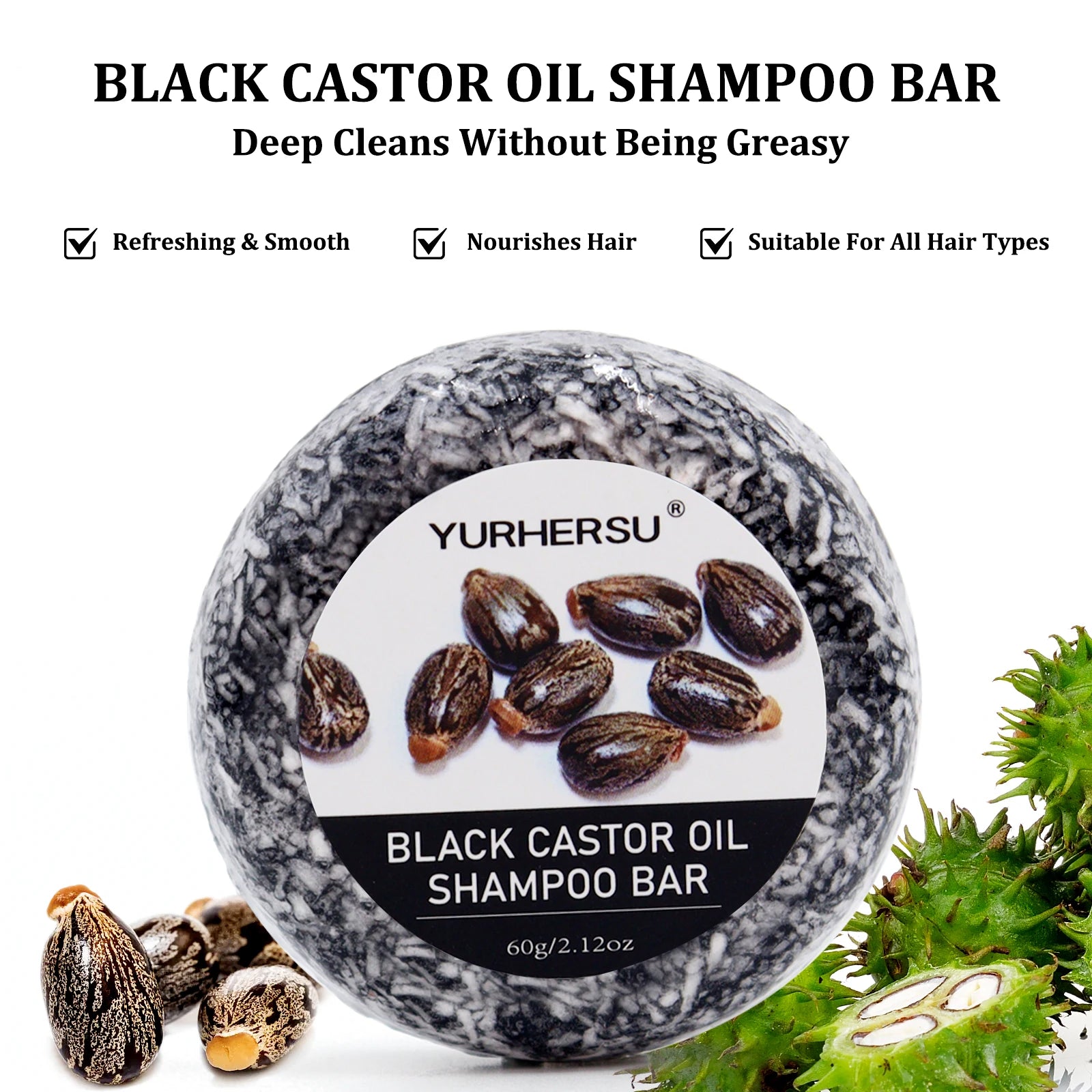 YURHERSU Black Castor Oil Shampoo Bar 2 Pack, 2-in-1 Shampoo and Conditioner Bar with Jojoba & Olive Oil, 2.12 oz Each